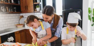 Mother Teaching Kids To Cook And Help In The Kitchen. Healthy Food. Eat Healthier.