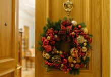A festive Christmas wreath on a door