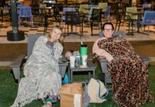 A mother and daughter sitting outside with blankets