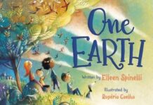 A colorful depiction of life on earth with fish in the sea, clouds in the sky, and lush green on the trees and grass as kids look out over the water; an illustrated cover for "One Earth" by Eileen Spinelli