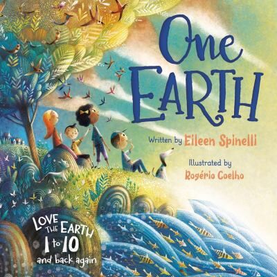 A colorful depiction of life on earth with fish in the sea, clouds in the sky, and lush green on the trees and grass as kids look out over the water; an illustrated cover for "One Earth" by Eileen Spinelli