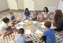 During Monroeville Music’s summer camp, teacher Abby Arhart gives a group lesson to (clockwise from her right) Alex Held, Amari Russell, Jorja Jones, Vincent Sieg, Esme Demers, Annie Held and Izzy Ortiz.